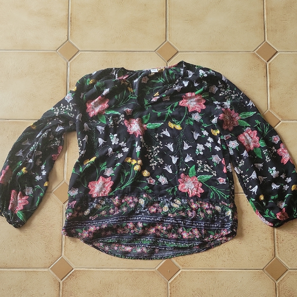 Old Navy Black Floral Blouse with Pink and Green Accents